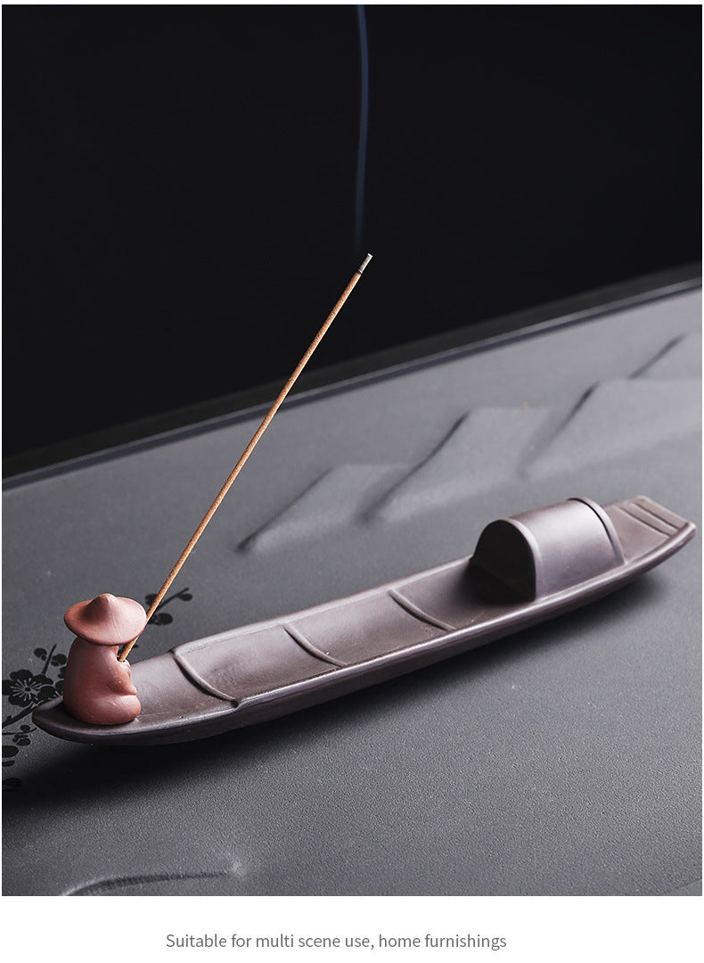 1pc Incense Stick Holder, Zen Meditation Purple Clay Fisherman Fishing Incense Stick Holder Home Decor (Without Incense)