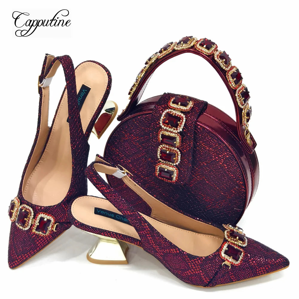 Wine Women Shoes And Bag Set Luxury African Ladies