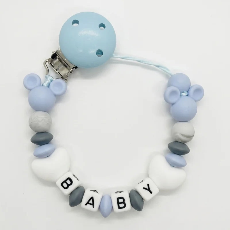Custom Baby Name Pacifier Holder Blue Heart Silicone Beads