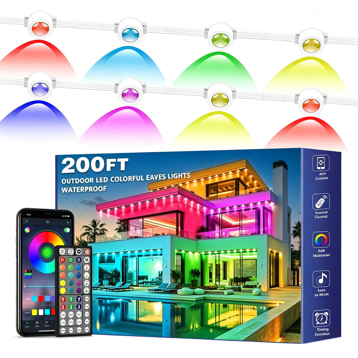 Permanent Outdoor LED Lights 200FT RGB IP67 Waterproof Eaves