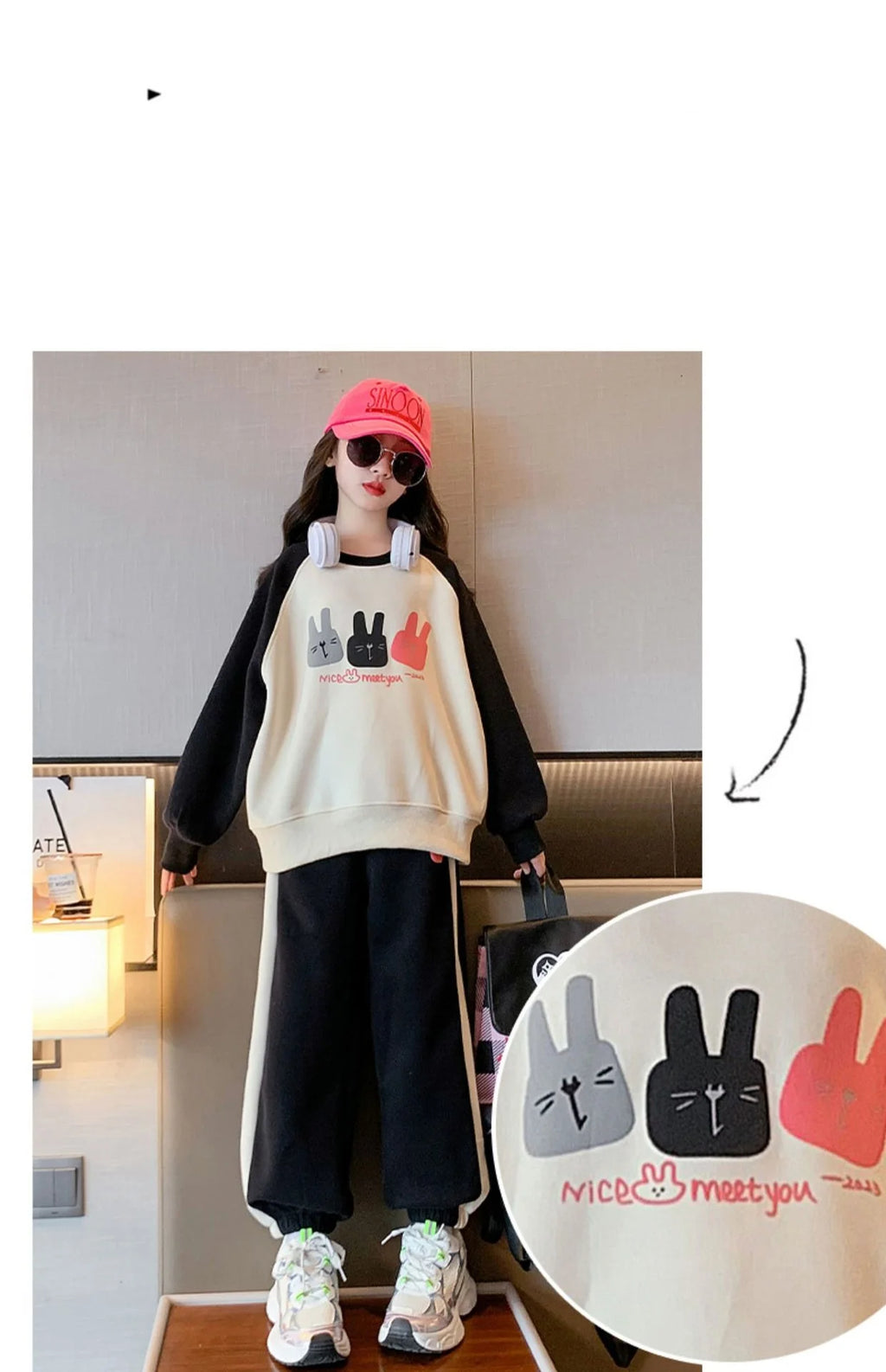Girls Cotton Contrast Cartoon Alphabet Loose Sweatshirt+Sweatpant School Kids Tracksuit Child Jogger Outfit Workout Sets 5-16Yrs