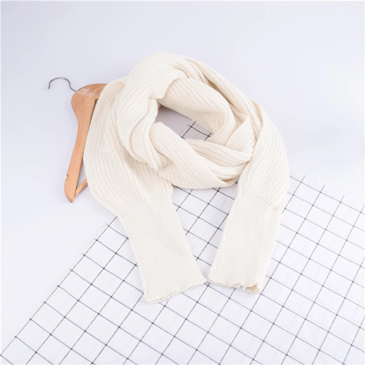 Woman Knitted Shawl Scarf With Long Sleeve Autumn Winter Outdoor Warm Soft Windproof Hollow Out Crop Top Shawl Scarf 210*33cm