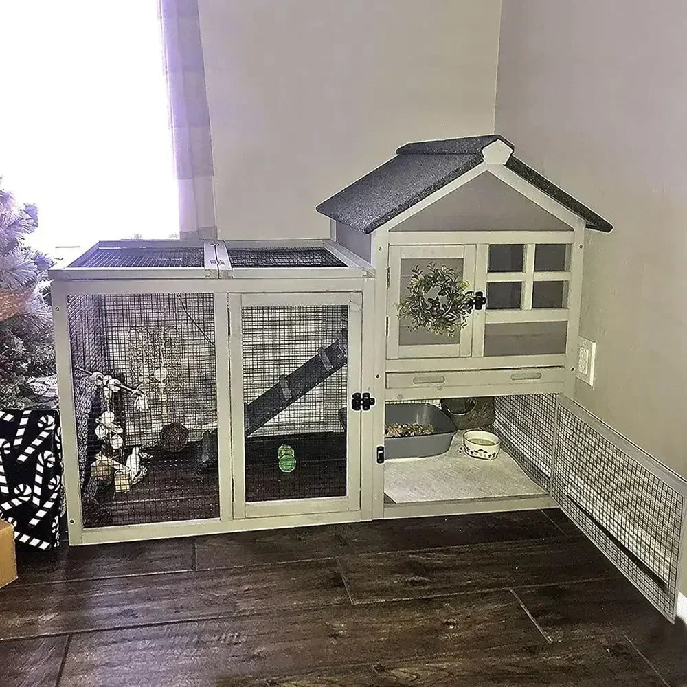 Large Outdoor Indoor Rabbit Hutch with Pull-Out Tray for Chickens, Bunnies, and Guinea Pigs (51.6L x 25.2W x 36.2H, Grey)