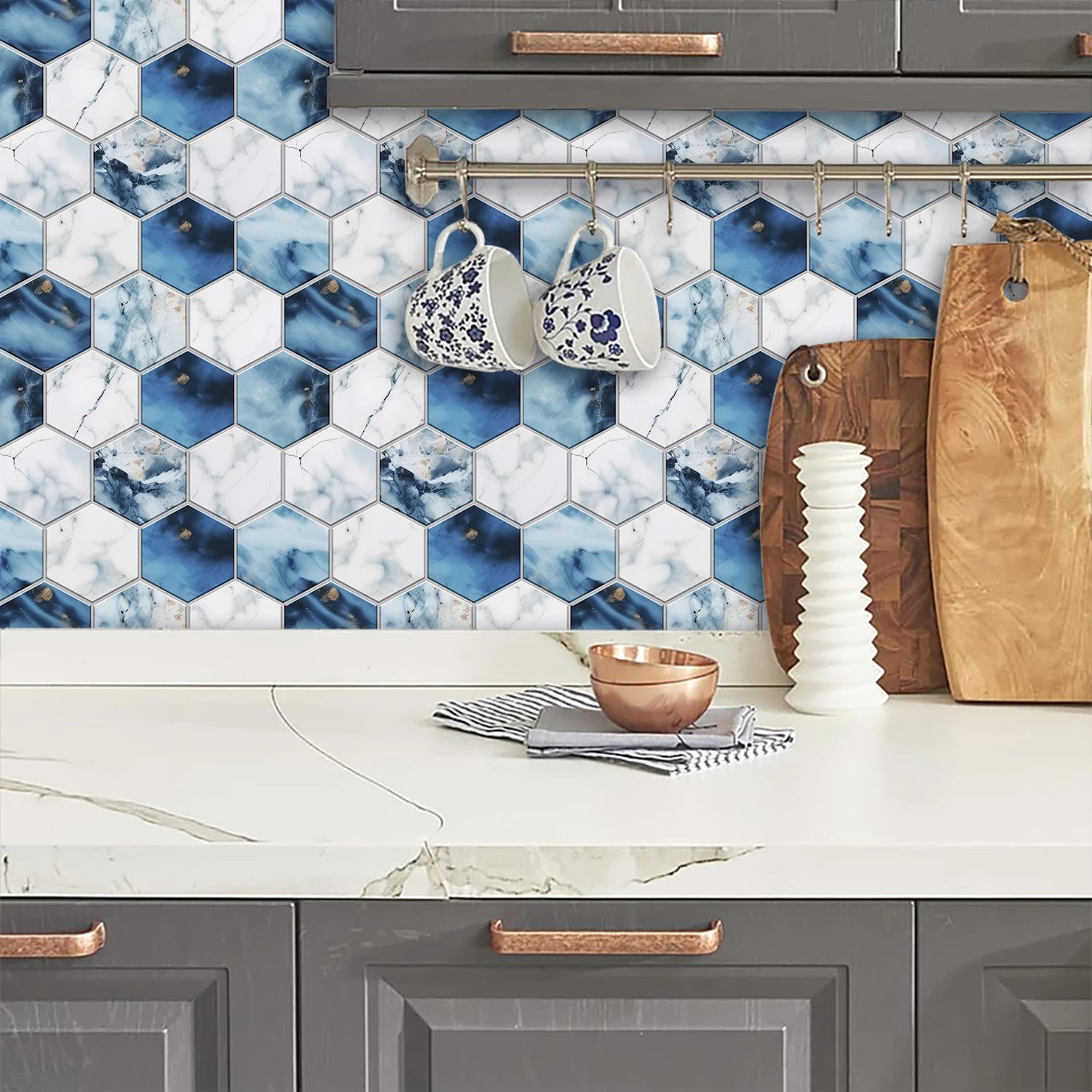 5 Styles Flat Hexagon Marble Embossing Tile Wall Stickers Oil-Proof Kitchen & Bathroom Washbasin Glossy Surface Decorative Mural