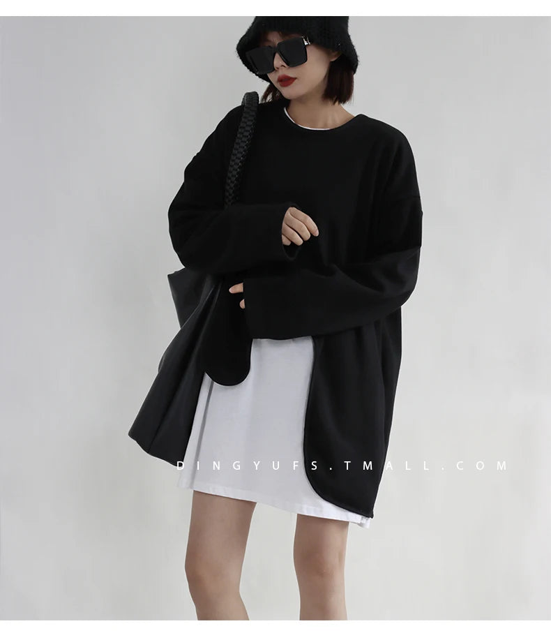 SuperAen Spring Summer 2023 New Sweatshirt Women's New Design Irregular Loose Long Sleeves Round Neck Layered Top