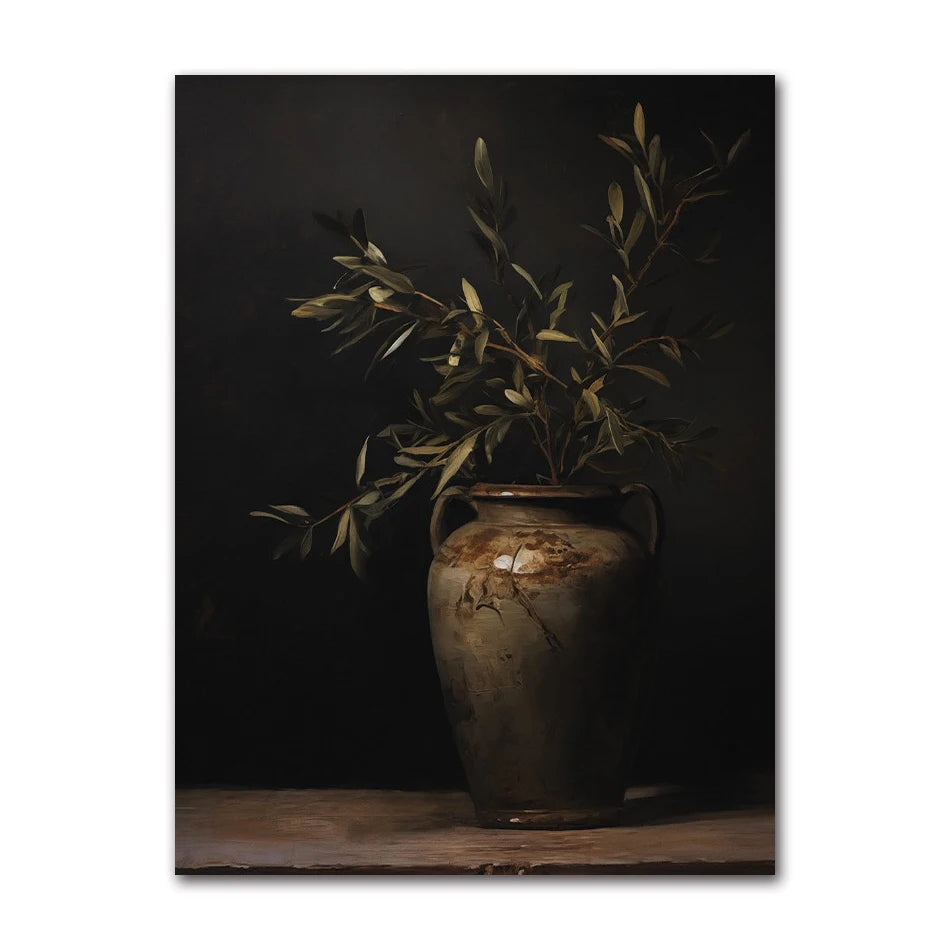 Vintage Minimalist Wall Art Italy Olive Tree in Vase Canvas Painting Poster Prints Still Life Botanical Antique Home Room Decor