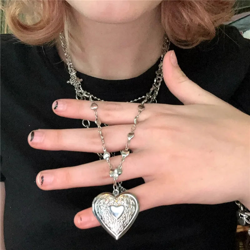Goth Y2K Aesthetic Heart Locket Pendant Open Female Silver Color