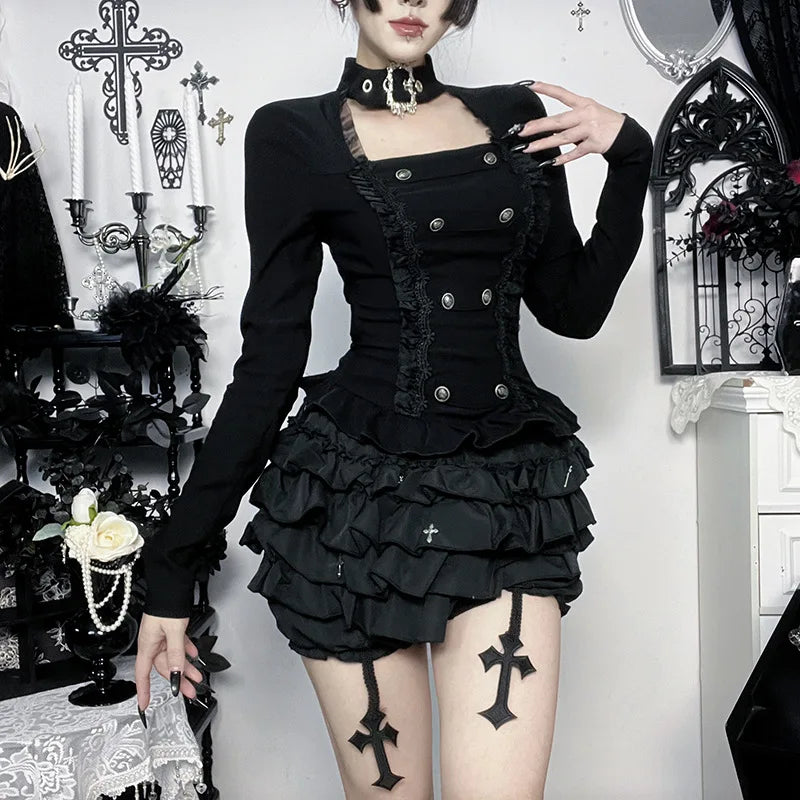 Retro Dark Subculture Lolita Mesh Trim Buckle Tees Gothic Punk