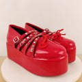 Bright Red Patent Studded Platform Mary Janes Multi Cutout Straps