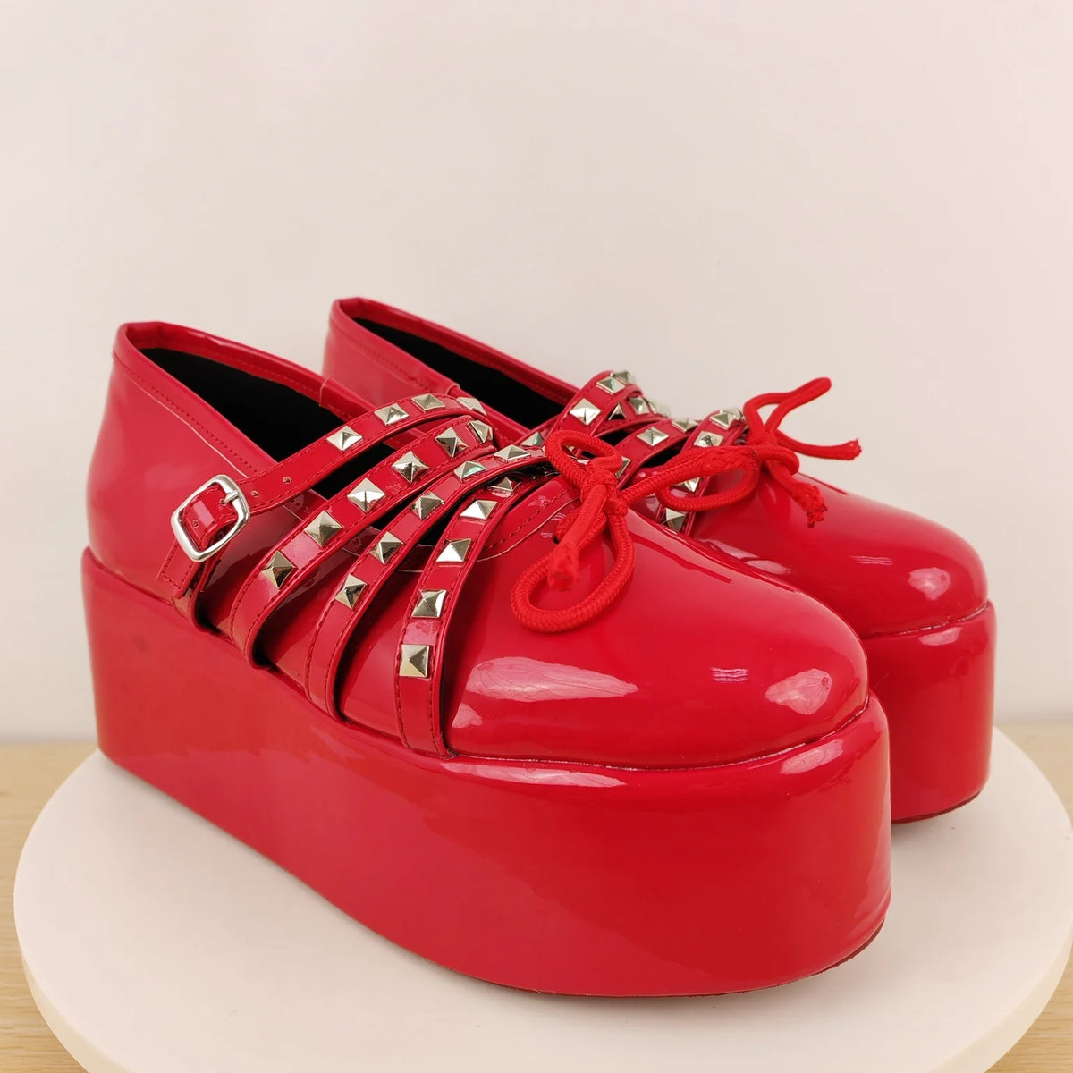 Bright Red Patent Studded Platform Mary Janes Multi Cutout Straps