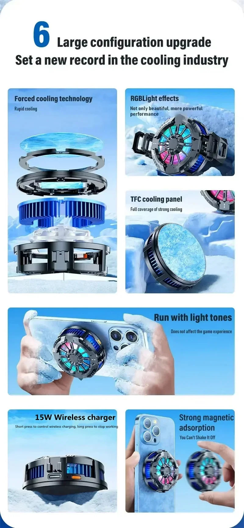 Coooler Fan Magnetic Wireless Charger Phone Back Clip Radiator RGB Light For Magsafe iPhone 16 15 14 13 12 Pro Max Fast Charging