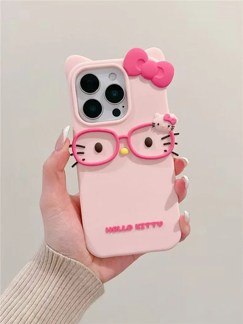 Hello Kitty 3D Cat-Eye Glasses Silicone Phone Case for iPhone 17 Pro Max 16 15 Plus 14 13 Mini 12 11 4 4S 5 5S 7 8 SE Shockproof