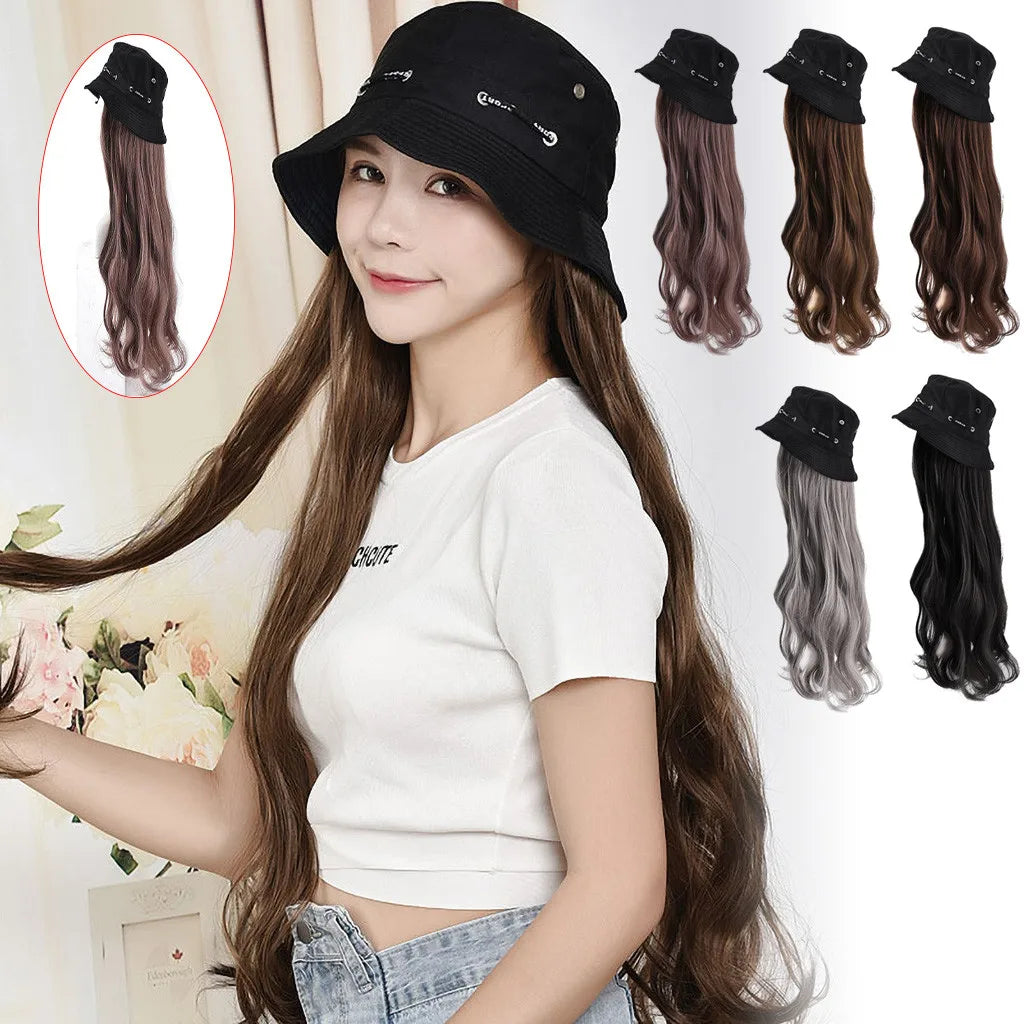 Bucket Hat Synthetic with Hair Cap Fashion Long Curly Hair Big