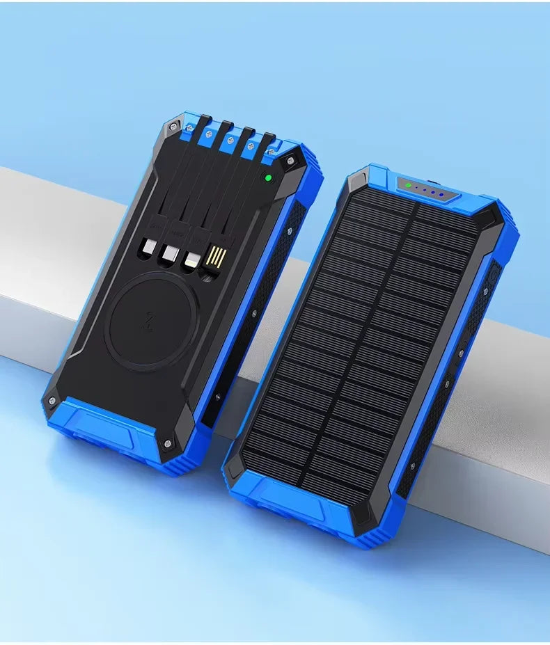New Solar Power Bank 20000mAh Mobile Power Fast Charging Battery multifunctional With 4 Cables Wireless Charger LED Flashlight