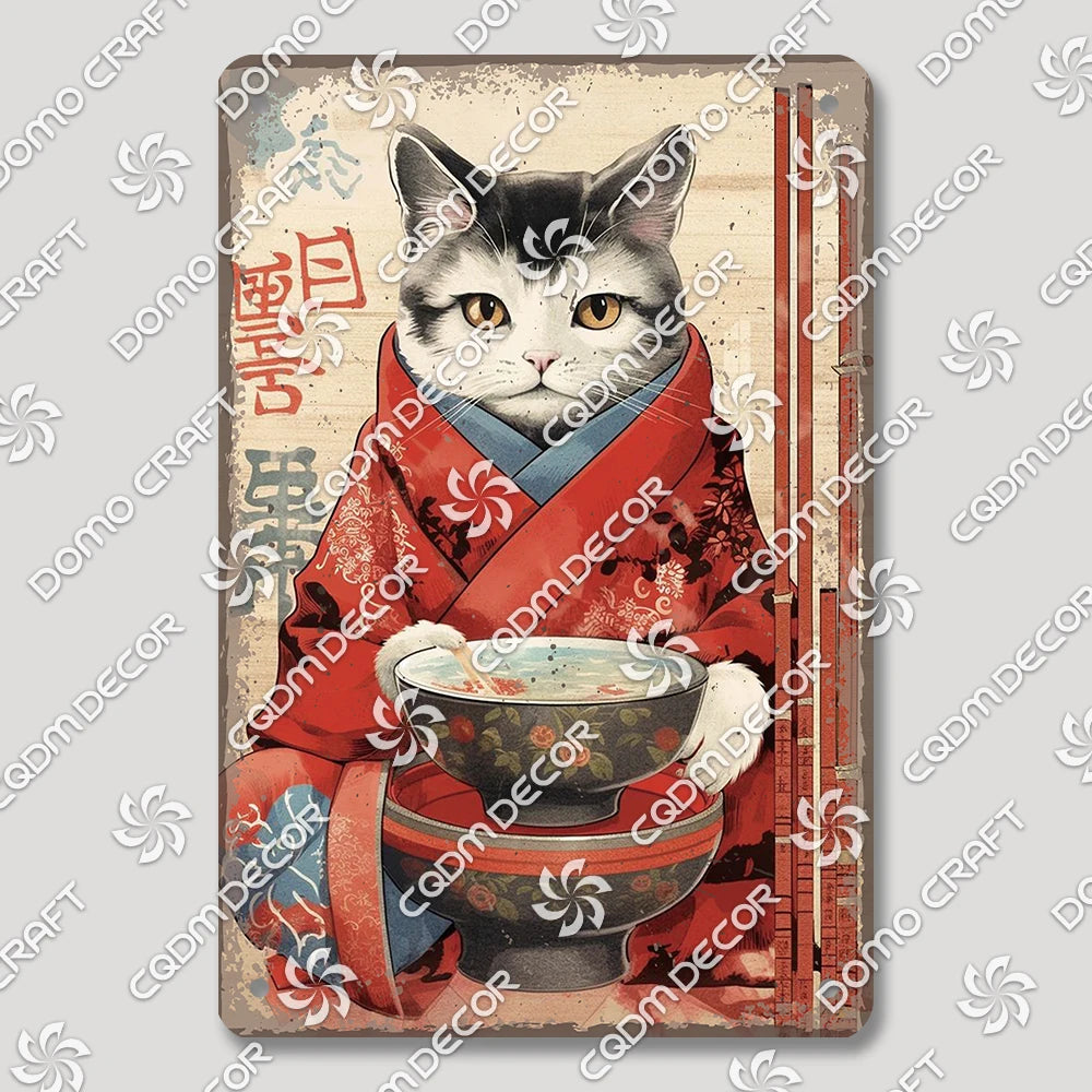 Cartoon Cat Japanese Food Plaque Tin Sign Retro Ramen Sushi Takoyaki Poster Metal Plates Bar Pub Restaurant Kitchen Wall Decor
