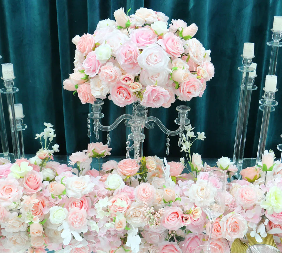 White Wedding Backdrop Decor Rose Floor Flower Runner Event Table Centerpieces Ball Pink Floral Strip Arrangement Party Props
