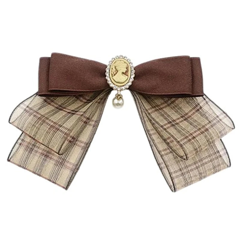 Ribbon Bowtie Brooch Pin Student Uniform Pre Tied Necktie Clip Vintage Brown Plaids Bowknot Corsage Shirt Jabot Collar