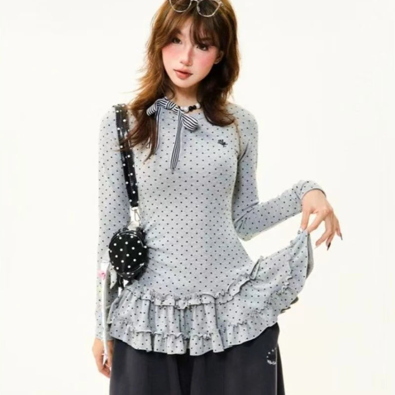 Harajuku Cute Print T-Shirts Women Beige Polka Dot Ruffle Hem Tees