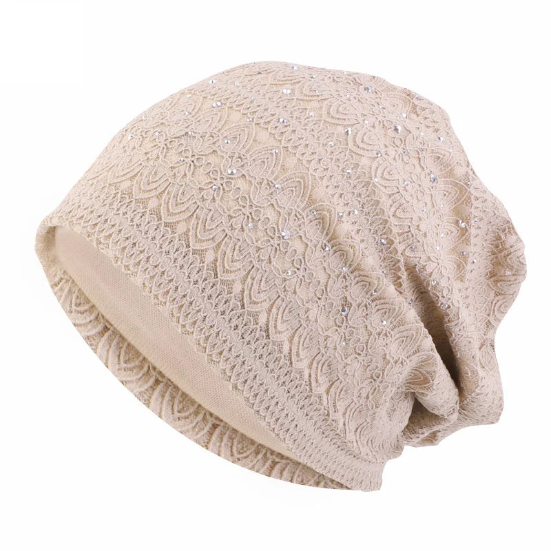 Winter Hats For Women Men Lace Rhinestone Breathable Turban Hat Windproof Warm Cap Female Beanie Hip Hop Bone Gorro Ponytail Hat