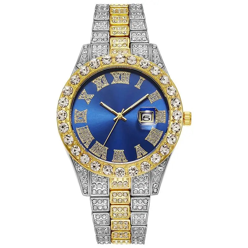 Luxury Classic Golden Men's Steel Strap Roman Scale Rhinestone