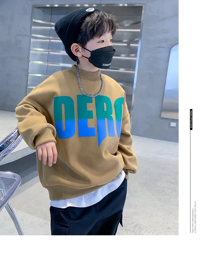 Winter Boys Warm Fleece Lined Half Turtleneck Alphabet Sweatshirt School Kids Track Pullover Coat Tops Child Work Jumper 3-16Yrs