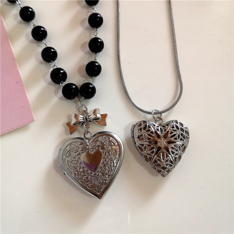Goth Y2K Aesthetic Heart Locket Pendant Open Female Silver Color