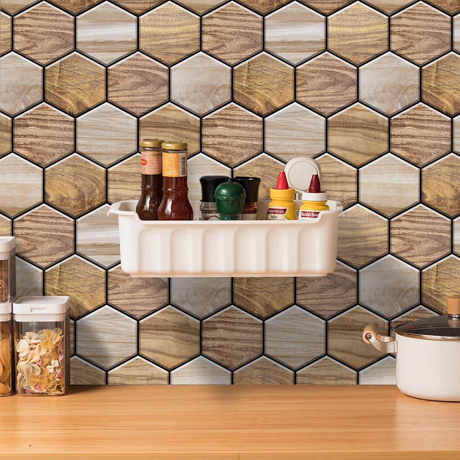 5 Styles Flat Hexagon Marble Embossing Tile Wall Stickers Oil-Proof Kitchen & Bathroom Washbasin Glossy Surface Decorative Mural
