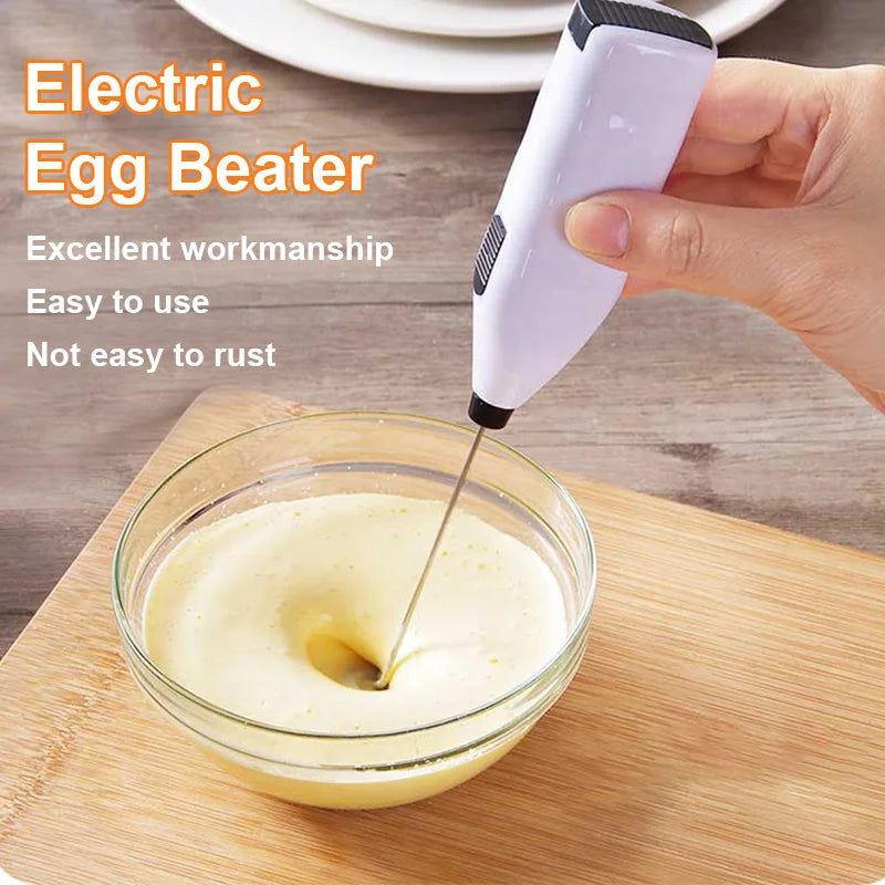 White Electric Egg Beater Coffee Frother, Household Kitchen Mini Stainless Steel Milk Tea Mixer