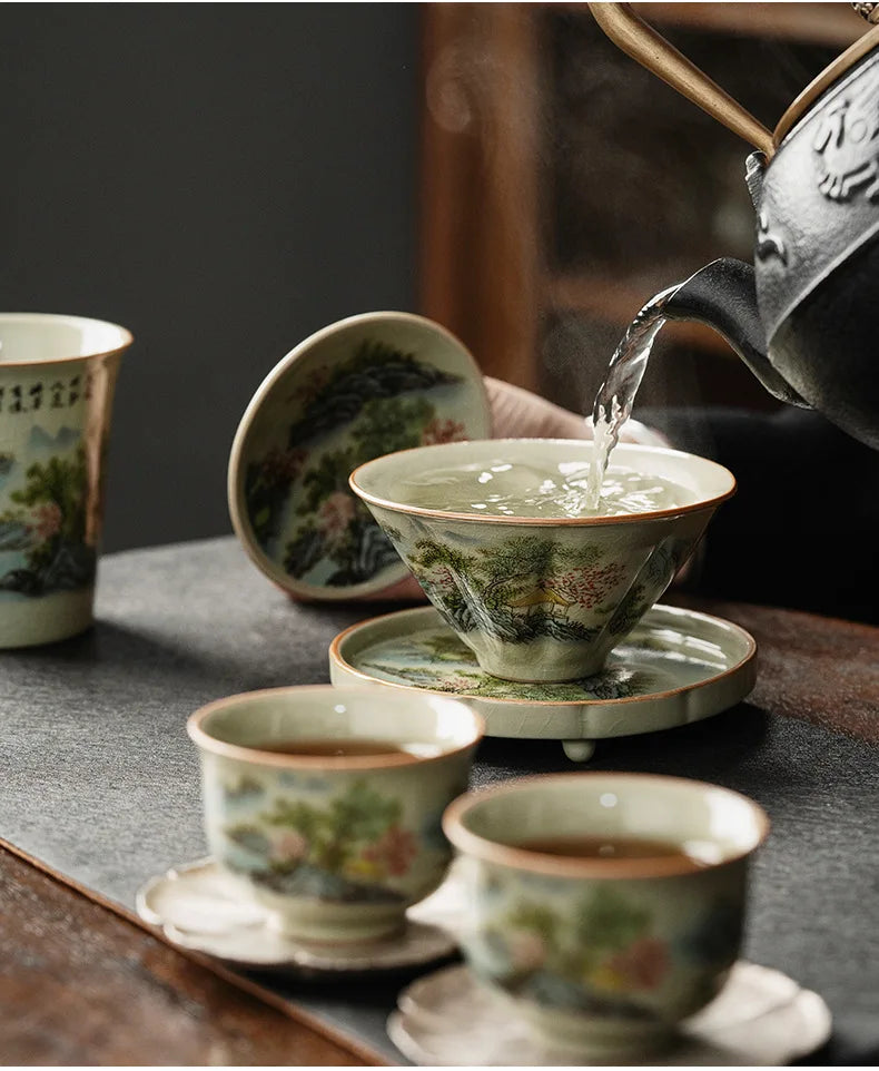 Jingdezhen-Ceramic Tea Cup with Bamboo Hat, Traditional Handmade Tea Ware, Single Bowl, Kung Fu Tea with Lid, Sancai Gaiwan