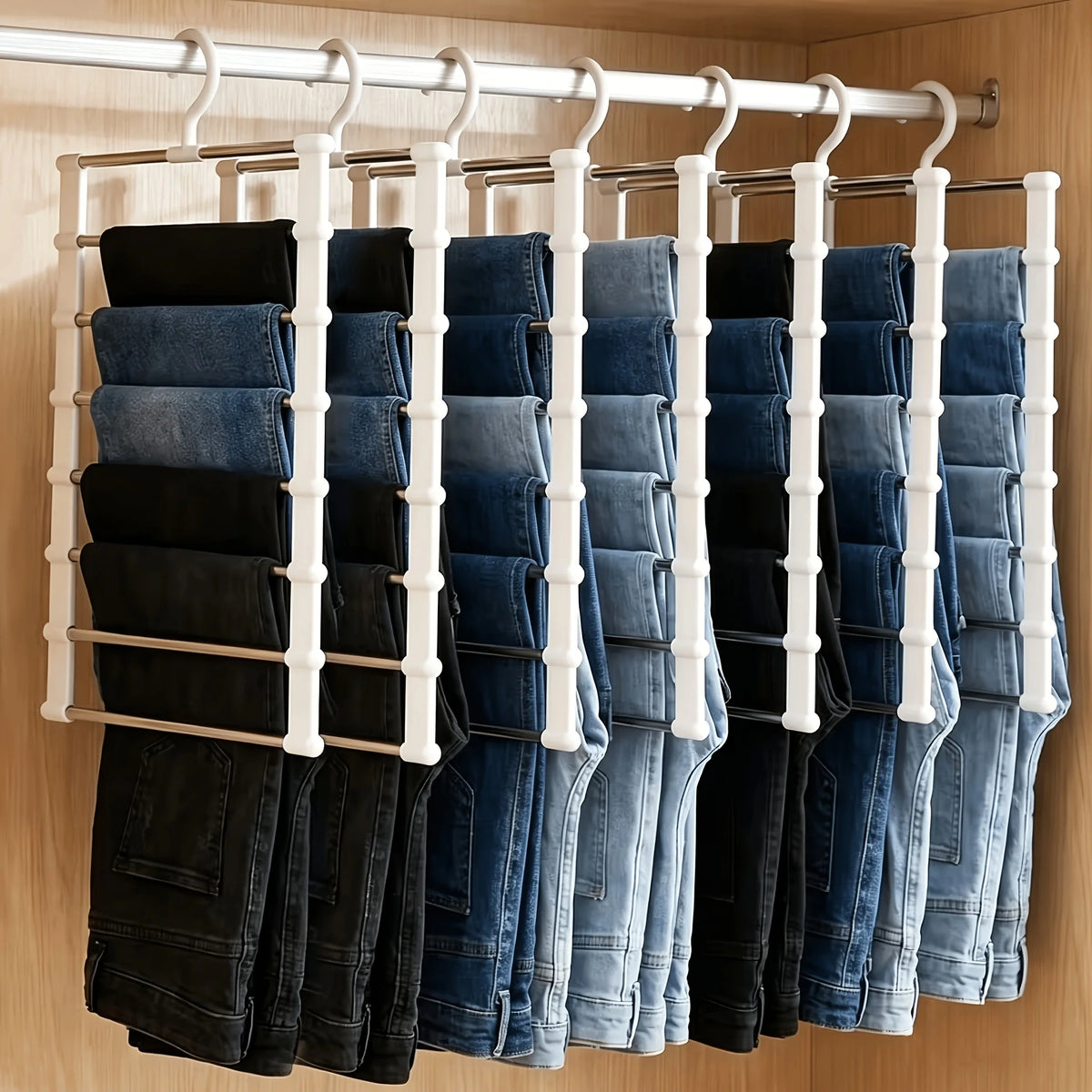 4Pcs Foldable 7‑Layer Plastic Pants Hanger Non Slip Wardrobe Storage Rack Space Saving Organizer For Jeans Leggings Scarves Clothes