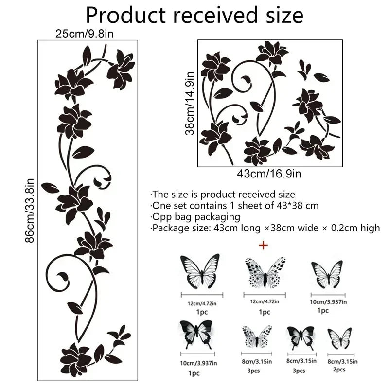 2024 New 3D Butterfly Wall Stickers  Black Flower Rattan Living Room Background Room Wall Stickers Dark Style 38*43cm Home Decor