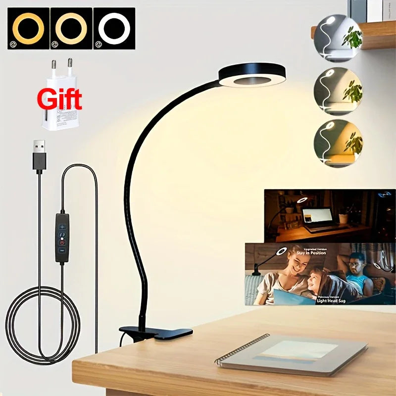LED Desk Lamp Clip Light Rechargeable Dimmable Gooseneck Reading