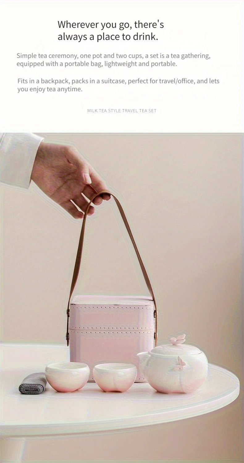 Butterfly-shaped tea set with storage bag, portable camping ceramic teapot suitable for outdoor, travel, and home use