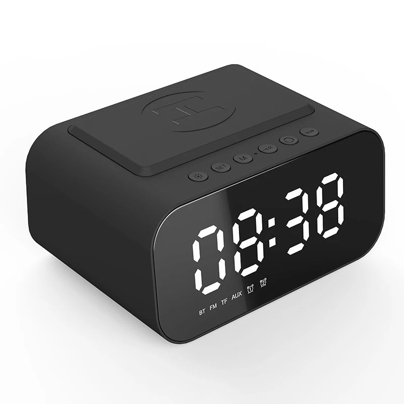 Digital Alarm Clock Bluetooth Speaker FM Radio Wireless Charger Phone Charging Pad  USB Fast Charger Table Clock
