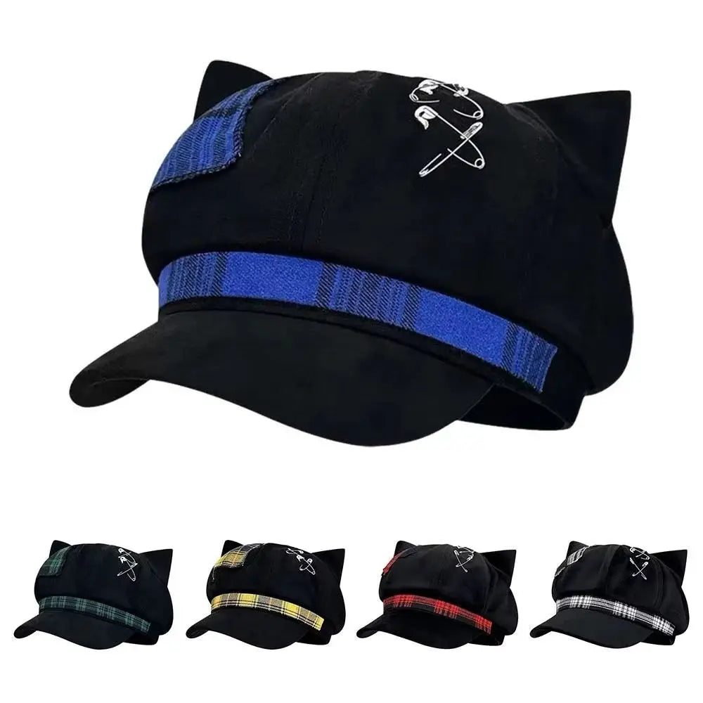 Cute Thin Brim Cat Ears Beret Hat Y2K Spice Girl Painter - Green