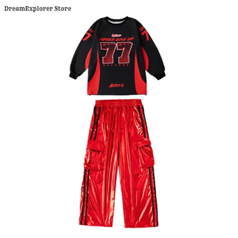 Boys Hip Hop Sweatshirt Shiny Vest Street Dance Cargo Pants Girls K-pop Clothes Set Kids Jazz Red Costumes Children Streetwear