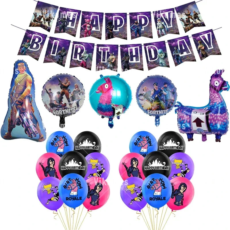 Fortnite Balloons Shooting Game Ballons Boy Girl Happy Birthday Banner Party Decoration Alpaca Llama Tableware Cake Topper Toy