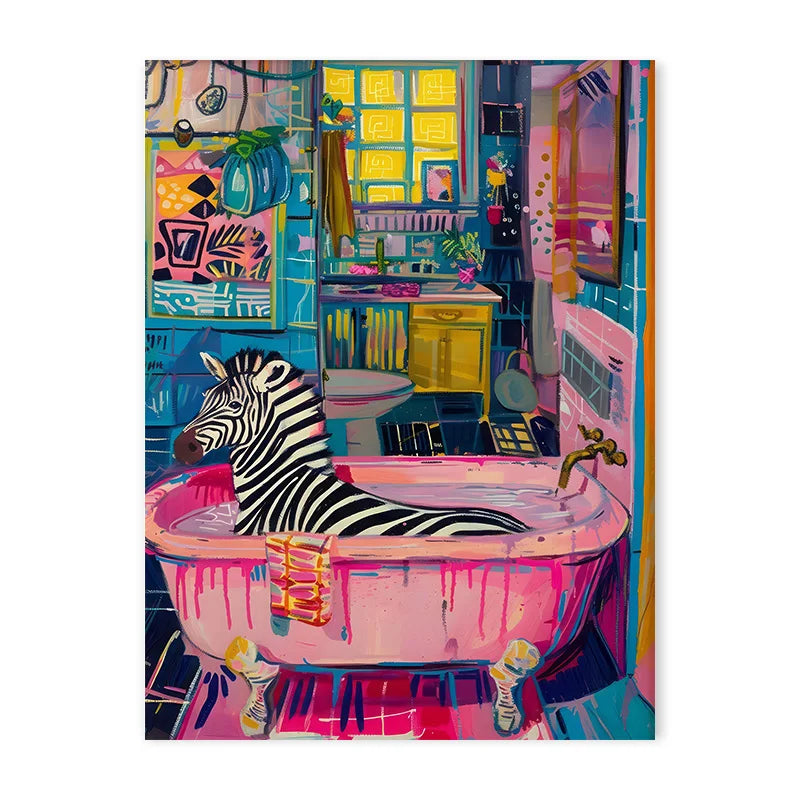 Colorful Bathtub Animal Tiger Zebra Black Cat Aesthetic Canvas Painting Nordic Bathroom Wall Art Poster Living Room Home Decor