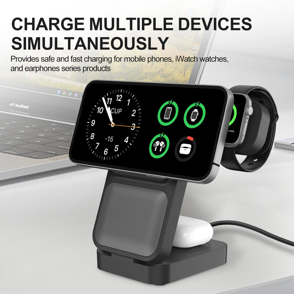 3in1 Foldable Wireless Charger Qi2 Multifunctional Stand Clock Wireless Charger Adapter Type-c Station For iPhone 16 15 Pro Max