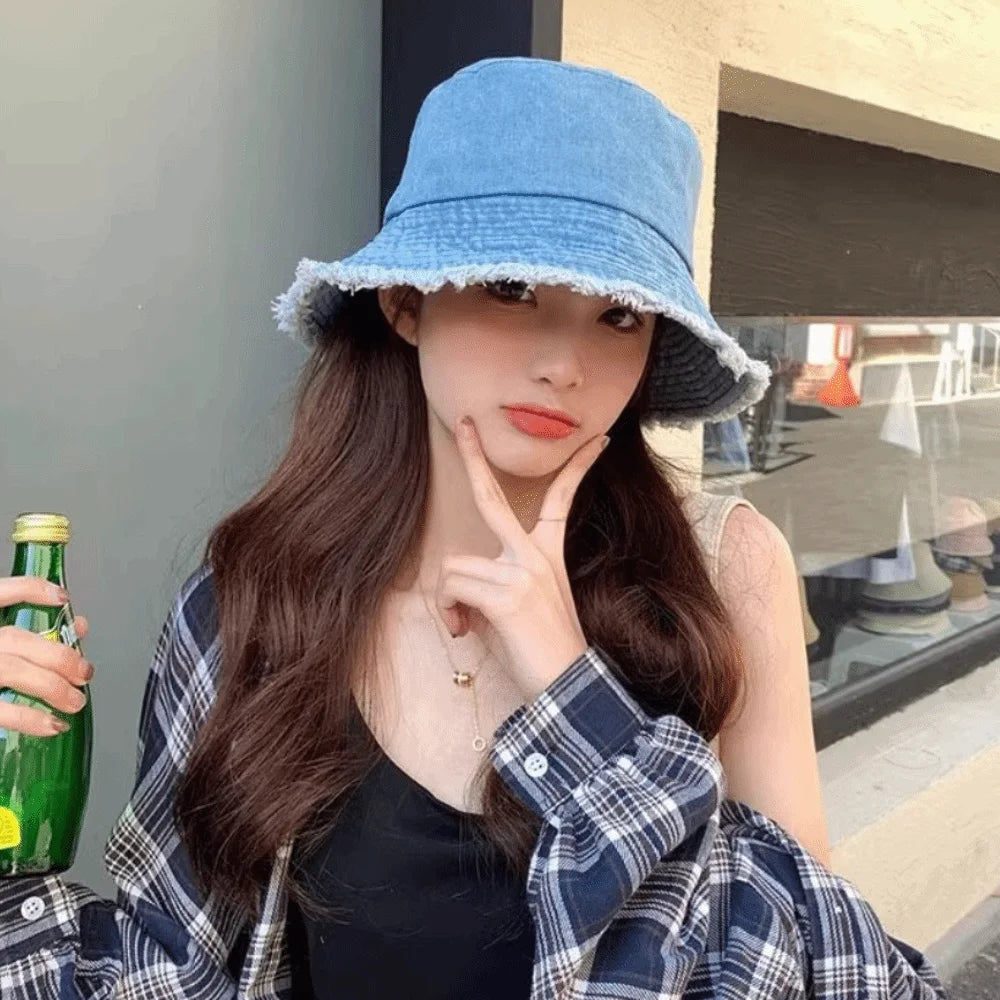 Y2K Style Denim Summer Sun Hat Foldable Anti-UV Bucket Hat Travel