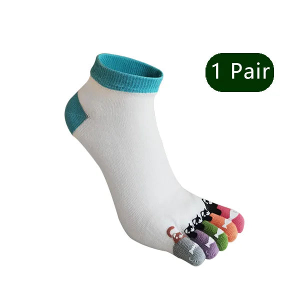 1/5 Pairs Toe Socks Women Girl Cotton White Cute Cartoon Bear Fish Print Soft Beautiful Fashions Ankle Boat Five Finger Socks