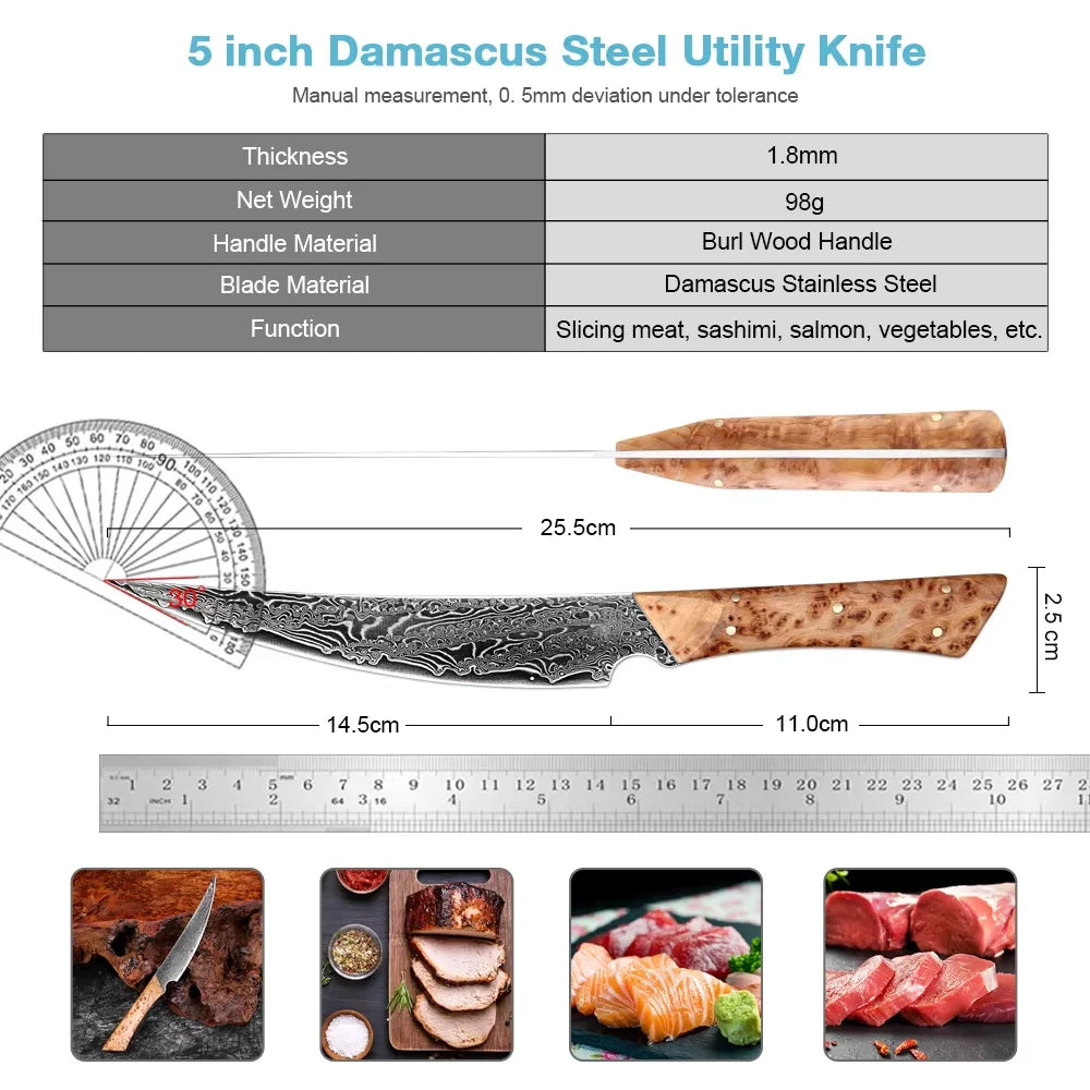 Damascus Steel Handmade Curved Edge Japanese Utility Knife,Full Tang Pakkawood Handle,High Hardness Sharp Kitchen Peeling Knife