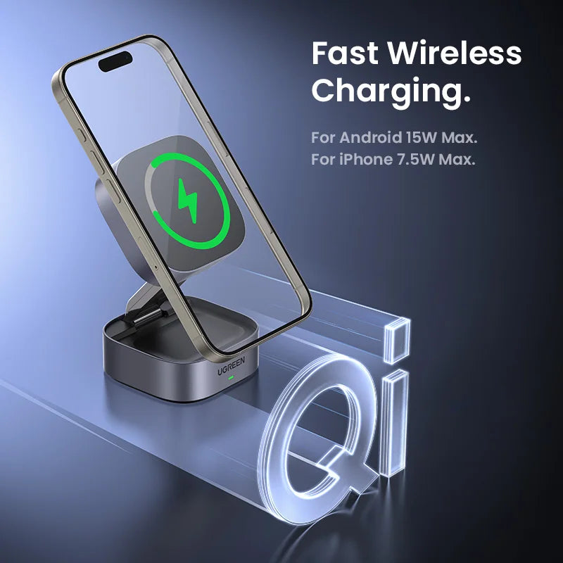 BR Sale UGREEN 15W Magnetic Wireless Charger 2-in-1 Charging Stand For iPhone 16 17 Pro Max/AirPods For Magsafe Fast Charger