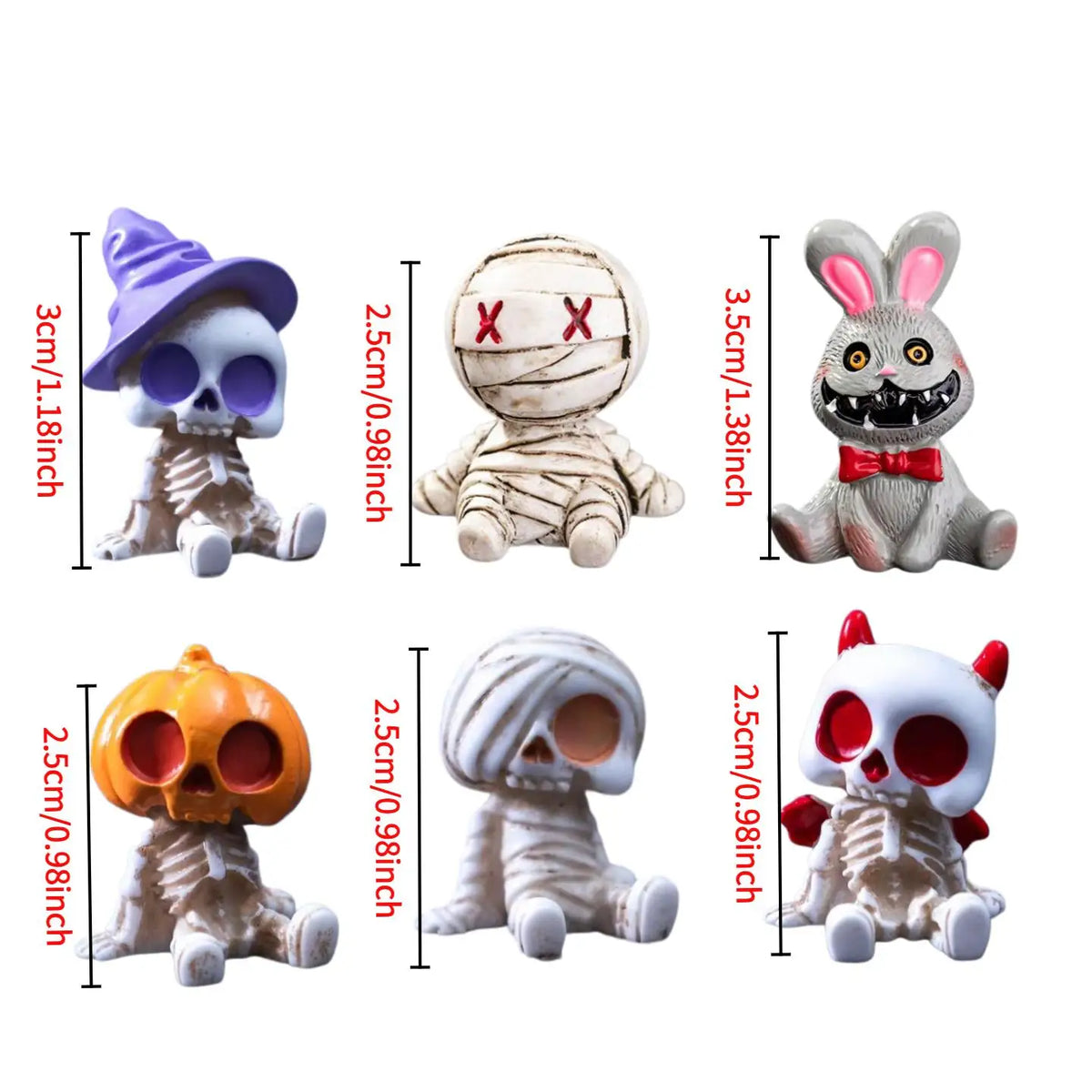 6pcs Halloween Resin Skeleton Mummy Figurines Mini Statues for DIY Micro Landscape Bonsai Car Desk Decor Gift for family