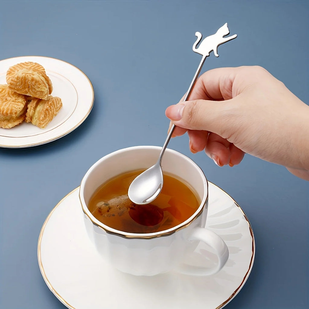 2pcs, Dessert Spoon, Stainless Steel Coffee Spoon, Cute Milk Spoon, Kawaii Cat Stirring Spoon, Reusable Ice Cream Spoon
