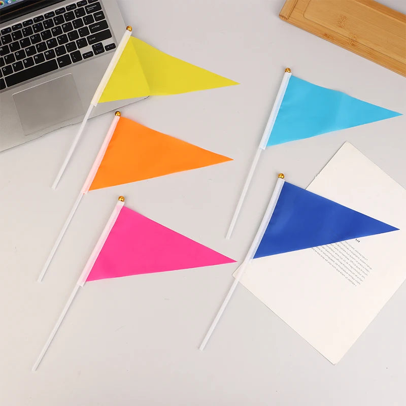 10Pcs Colorful Triangular Flags With 10 Plastic Flagpoles Hand-Held Small Colorful Flags For Marking Garden Lawn Yard Supplies