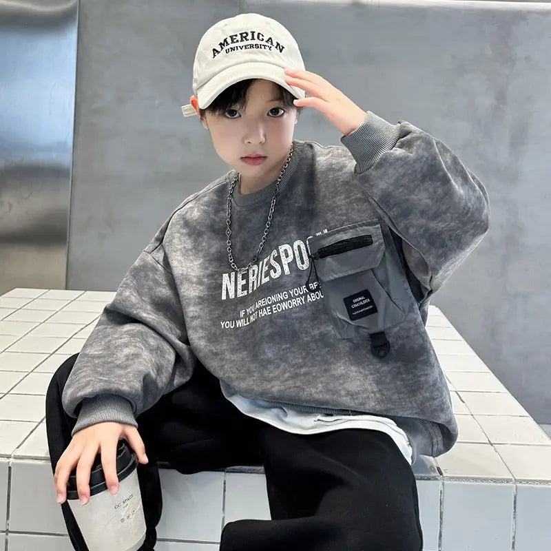 Boys' Middle/Big Kids 2025 New Spring/Autumn Long Sleeve Korean Style Edgy Loose Fit Sweatshirt Tops