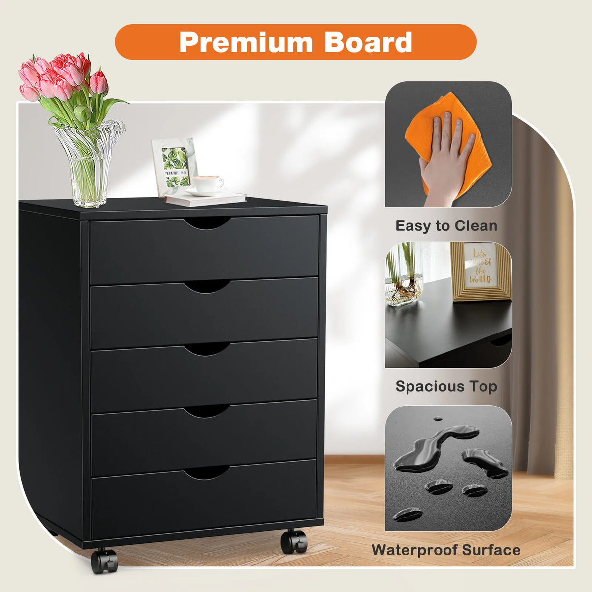 JHK Wood Nightstand Cabinet 5 Drawers Waterproof Surface Storage