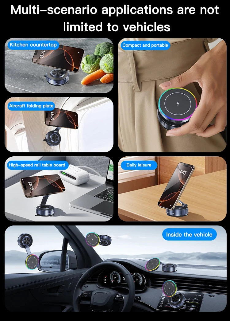 15W Car Magnetic Wireless Charger Vacuum Bracket Phone Holder for Magsafe iPhone 17~12 Pro Max Fast Charging Suction Cup Station