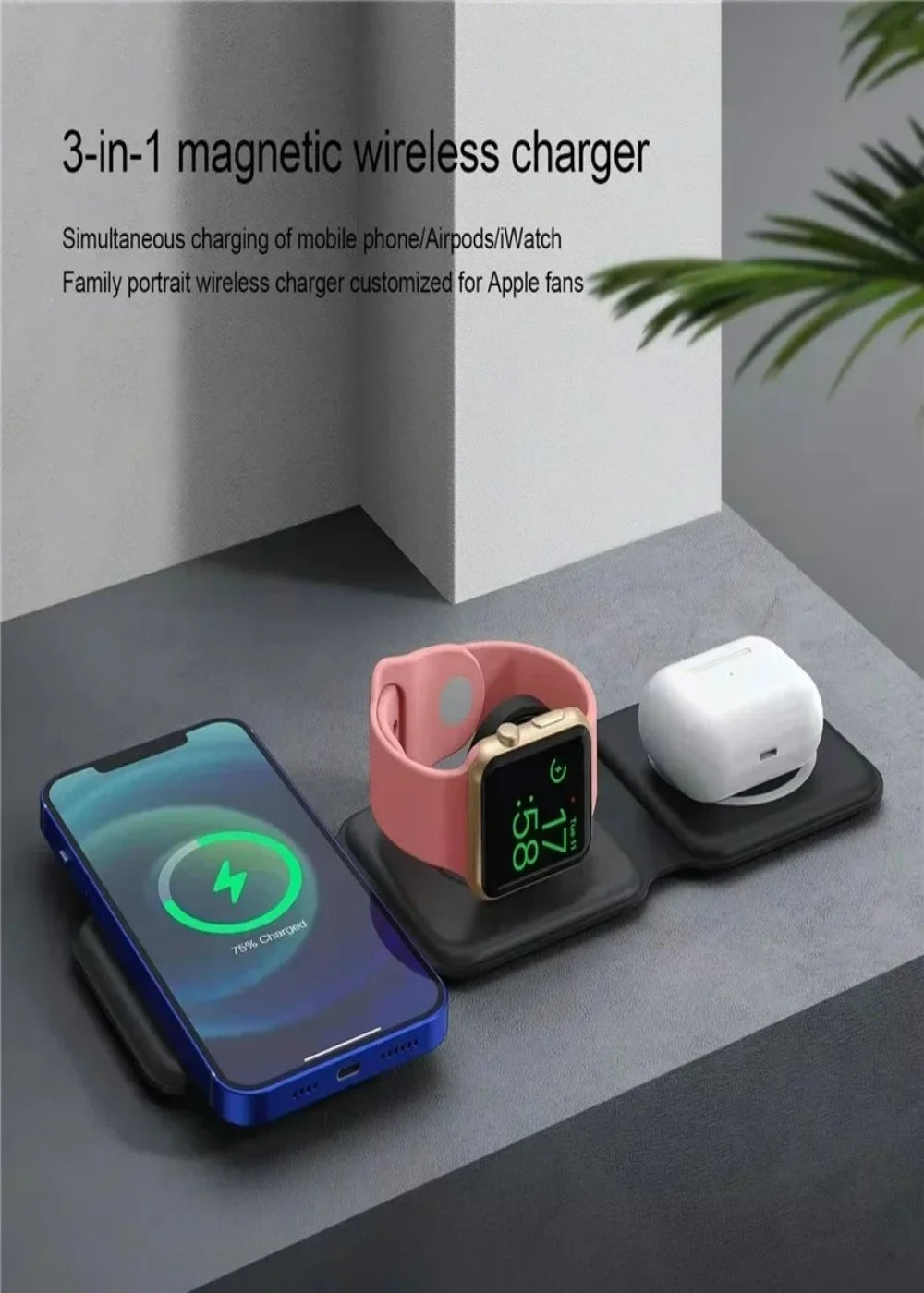 3 in 1 Fast Charging Wireless Magnetic Charger for iPhone 16 15 14 Pro Max Airpods iWatch Foldable Mobile Phone Wireless Charger